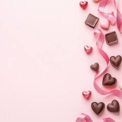 Poster - Flat lay of Valentine's chocolates and decorative ribbons, minimalistic style, pastel pink background, commercial stock photography look