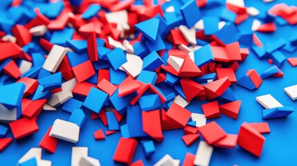 Poster - Abstract 3D rendering of red, white, and blue geometric shapes scattered on a blue background.