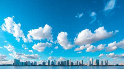 Canvas Print - A panoramic view of modern buildings along a waterfront under a vibrant blue sky with fluffy white clouds.