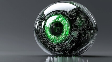 Poster - Futuristic transparent sphere with glowing green circuit board inside.