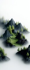Poster - Enigmatic Misty Mountain Landscape with Flowing Green Structures