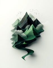 Poster - Geometric Mountainscape with Ominous Green Silhouettes and Dramatic Shadows