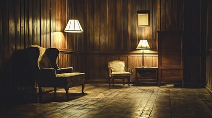 Poster - Cozy and Intimate Vintage Living Room with Warm Lighting, Elegant Armchairs, and Wooden Walls Creating a Perfect Atmosphere for Relaxation and Reflection
