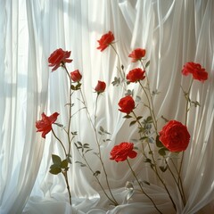 Aufkleber - Red roses against white mesh curtain, soft, glow.