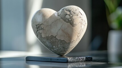 Poster - Elegant Heart-Shaped Stone Sculpture on Modern Stand with Soft Natural Light and Minimalistic Background for Contemporary Home Decor and Gift Ideas