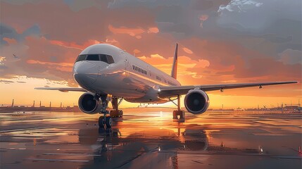 Poster - A white passenger airplane on airport runway, glistening in warm hues of a summer sunset.