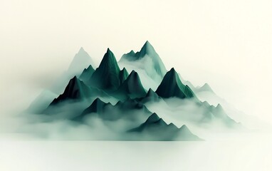 Poster - Ominous Geometric Mountainscape with Shadowy Silhouettes and Shimmering Green Hues