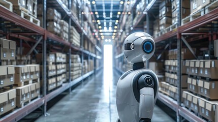 Aufkleber - A logistics warehouse of the future, with human robots for a logistics and transport company.