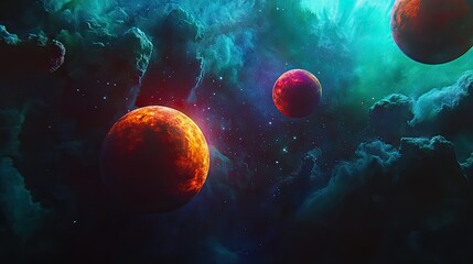 Poster - Vivid Cosmic Landscape Featuring Colorful Alien Planets and Ethereal Clouds Illuminated by Distant Stars Against a Deep Space Background