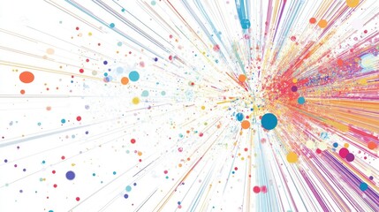 Poster - Abstract Colorful Burst of Lines and Dots on White Background Creating a Dynamic and Energetic Visual Composition Perfect for Creative Projects and Designs