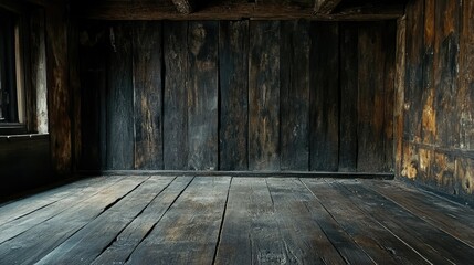 Poster - Rustic interior of an old wooden room with weathered walls and floorboards, perfect for backgrounds or historical concepts in photography and design projects.