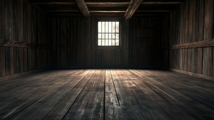 Poster - Empty Rustic Room with Wooden Walls and Floor Featuring a Window, Evoking Feelings of Isolation and Tranquility in a Natural Light Setting