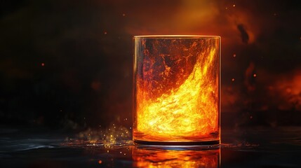 Poster - Captivating Glass Container Filled with Fiery Flames Illuminating a Dark Background, Showcasing Vibrant Orange and Yellow Colors with a Touch of Mystery and Intrigue