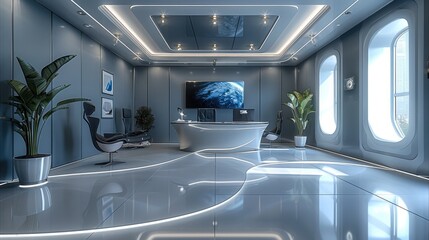 Aufkleber - Modern office interior from the future in grey and navy blue colors.