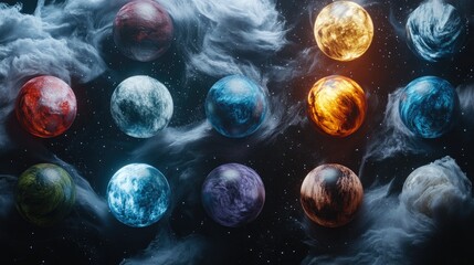 Poster - Stunning Collection of Colorful Celestial Planets Surrounded by Ethereal Clouds Against a Starry Background for Imagination and Cosmic Art