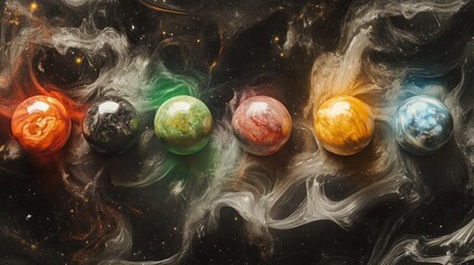 Poster - Vibrant Planetary Orbs Encountering Cosmic Nebulae in a Stunning Celestial Scene of Colorful Marble-Like Globes Surrounded by Ethereal Space Dust and Starfields