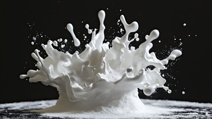 Poster - Dynamic Splash of White Powder Against Dark Background Capturing the Intricacies of Motion, Texture, and Artistry in a Visually Striking Moment of Pure Elegance