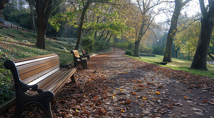 Poster - Side-angle view of a fallen leaves on a park pathway, with copy space. Gentle afternoon sunlight. Background shows green trees and benches.