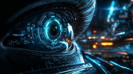 Poster - Futuristic cybernetic eye with digital interface.