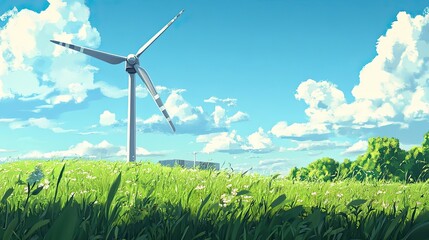 Wall Mural - Wind Turbine in a Sunny Field of Grass and Flowers