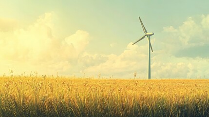 Wall Mural - Wind Turbine in a Golden Field Under a Cloudy Sky