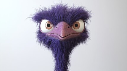 Close-up of a purple, furry, cartoon emu's head.