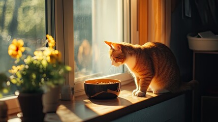 Poster - A Curious Orange Cat Sitting by the Window and Looking at Its Food Bowl with Sunlight Streaming in, Surrounded by Flowers and a Cozy Indoor Atmosphere