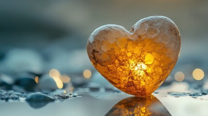 Poster - Glowing Heart-Shaped Stone on Calm Shore with Soft Light Reflection and Natural Pebbles, Symbolizing Love, Serenity, and Nature's Beauty in a Tranquil Setting
