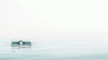 Poster - Serene Reflection of Two White Bowls on Calm Water Surface in Soft Minimalist Setting