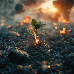 Poster - Nuclear war zone where everything on the background is burning and in the center there is a small plant sprouting and there is sunlight beaming the small plant.