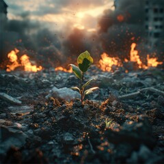 Poster - Nuclear war zone where everything on the background is burning and in the center there is a small plant sprouting and there is sunlight beaming the small plant.