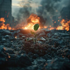 Poster - Nuclear war zone where everything on the background is burning and in the center there is a small plant sprouting and there is sunlight beaming the small plant.