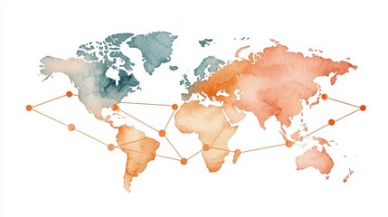 Poster - Watercolor World Map with Connecting Lines and Nodes Illustrating Global Networking and Travel Opportunities