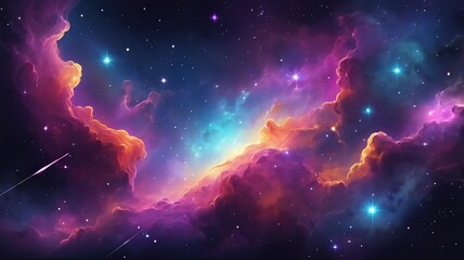 galactic vector background with stars, nebulas, and glowing abstract shapes.