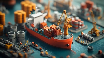 Poster - Bustling Seaport with Towering Cargo Ships and Cranes Meticulously Loading Specialized Offshore Equipment