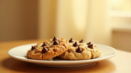 Wall Mural - A delightful duo of freshly baked, golden-brown cookies, generously studded with rich chocolate chips, rests on a pristine white plate, bathed in soft, warm light.