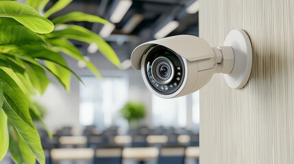 Poster - Modern security camera mounted on a wall in an office setting with green plant in focus foreground
