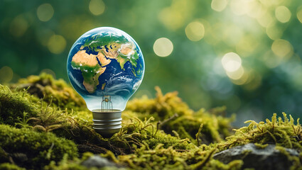 Eco friendly innovation idea depicted by light bulb with Earth inside, symbolizing sustainability and environmental awareness. scene is set in natural green environment