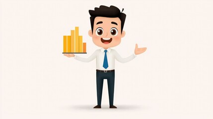Poster - Happy cartoon character presenting bar graph on a plate with a smile in a professional business setting