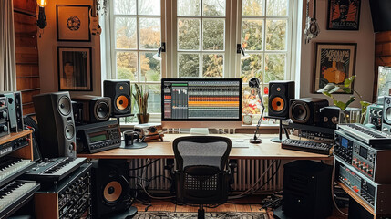 Poster - An home office radio show recording studio.