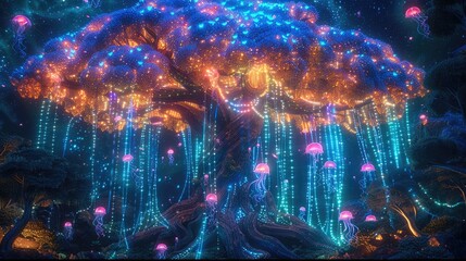 Aufkleber - A magical of a massive glowing sacred tree with shimmering bioluminescent branches in vibrant, surrounded by ethereal floating jellyfish-like creatures radiating soft neon light.