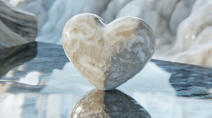 Poster - Heart-Shaped Stone Sculpture on Reflective Surface with Soft Textures and Natural Elements in a Calm Environment