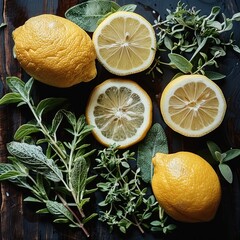 Poster - Fresh herbs and lemon slices casually spread out. top view.