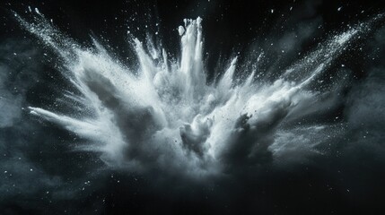 Poster - Majestic Eruption of White Powder in Dark Atmosphere, Capturing Dynamic Motion and Textural Contrast, Ideal for Conceptual Art and Visual Impact