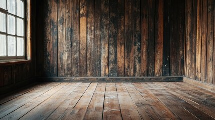 Poster - Warm and Inviting Rustic Interior with Wooden Walls and Floor, Perfect for Cozy Atmospheres and Creative Spaces in Photography or Design Projects