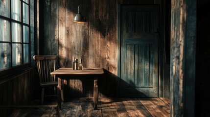 Poster - Cozy Rustic Interior with Wooden Table and Old Chair in Sunlit Room Featuring Natural Light and Warm Tones for Inviting Atmosphere and Homely Feel