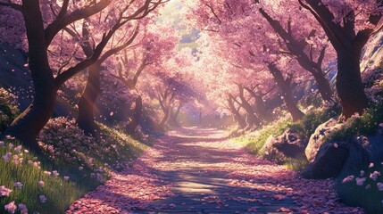 Poster - Enchanted Cherry Blossom Pathway with Soft Pink Petals and Warm Sunlight Filtering Through Lush Blooming Trees in a Tranquil Natural Setting