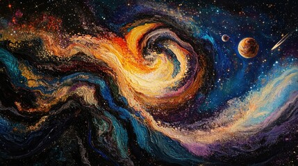 Poster - Vibrant Cosmic Swirl with Celestial Bodies, Depicting a Colorful Representation of the Universe's Mysteries and Galaxies in Deep Space