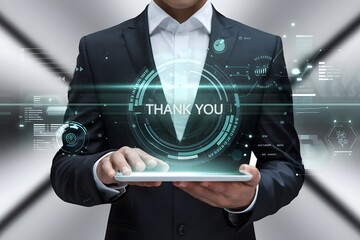 businessman using a laptop and touching the message thank you on a display screen. concept of thank you business, congratulations, and appreciation gratitude. presentation from technology digital
