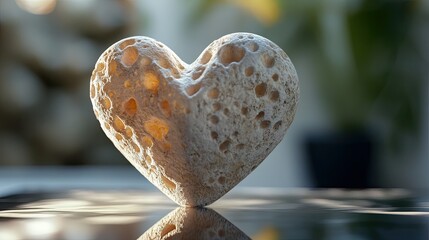 Poster - Unique Heart-Shaped Stone with Natural Holes and Textures Displayed on Reflective Surface in Soft Natural Light, Perfect for Creative and Artistic Projects
